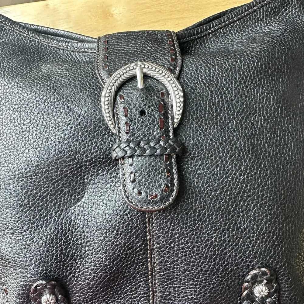 VTG Brighton Leather Handbag‎ Purse 11x14 Inch Black Woven Handle Buckle Accent